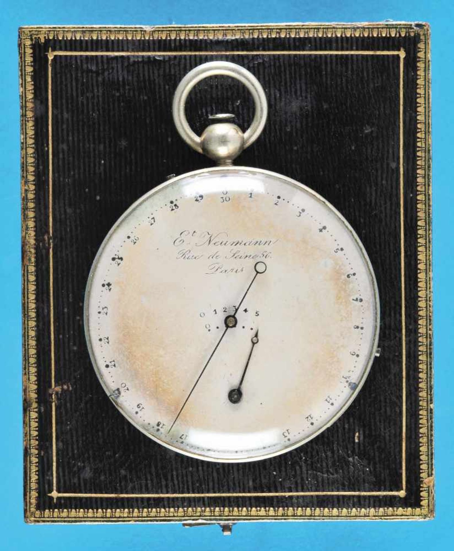 Rare fine short time clock with 5 minute counter in pocket watch shape in original case, signed E.