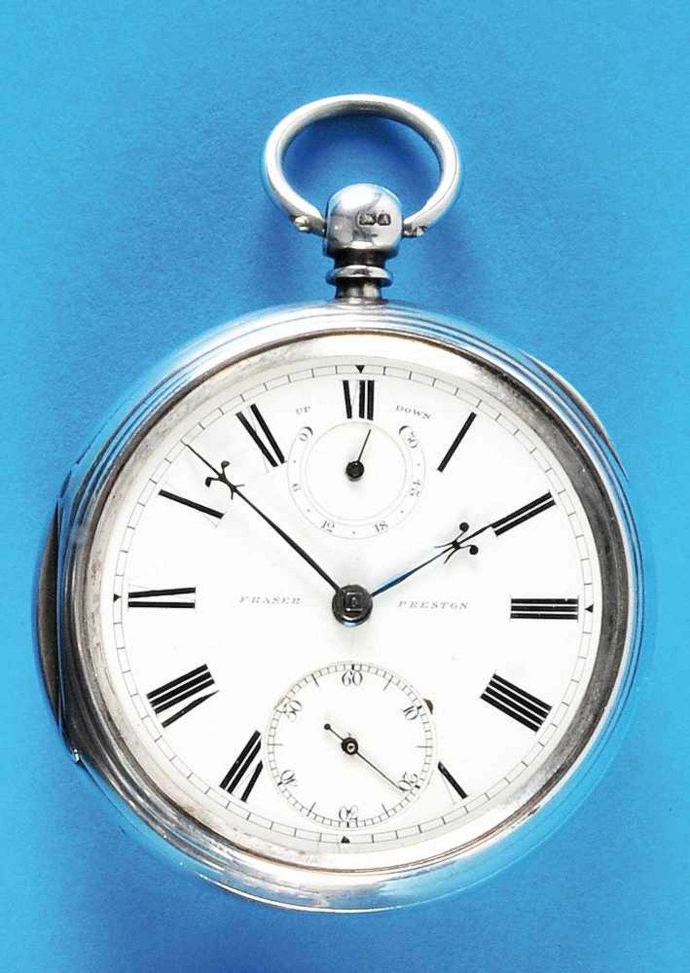 Silver pocket watch, Fraser PrestonSilberne Taschenuhr, mit Auf- und Abwerk, Fraser Preston,