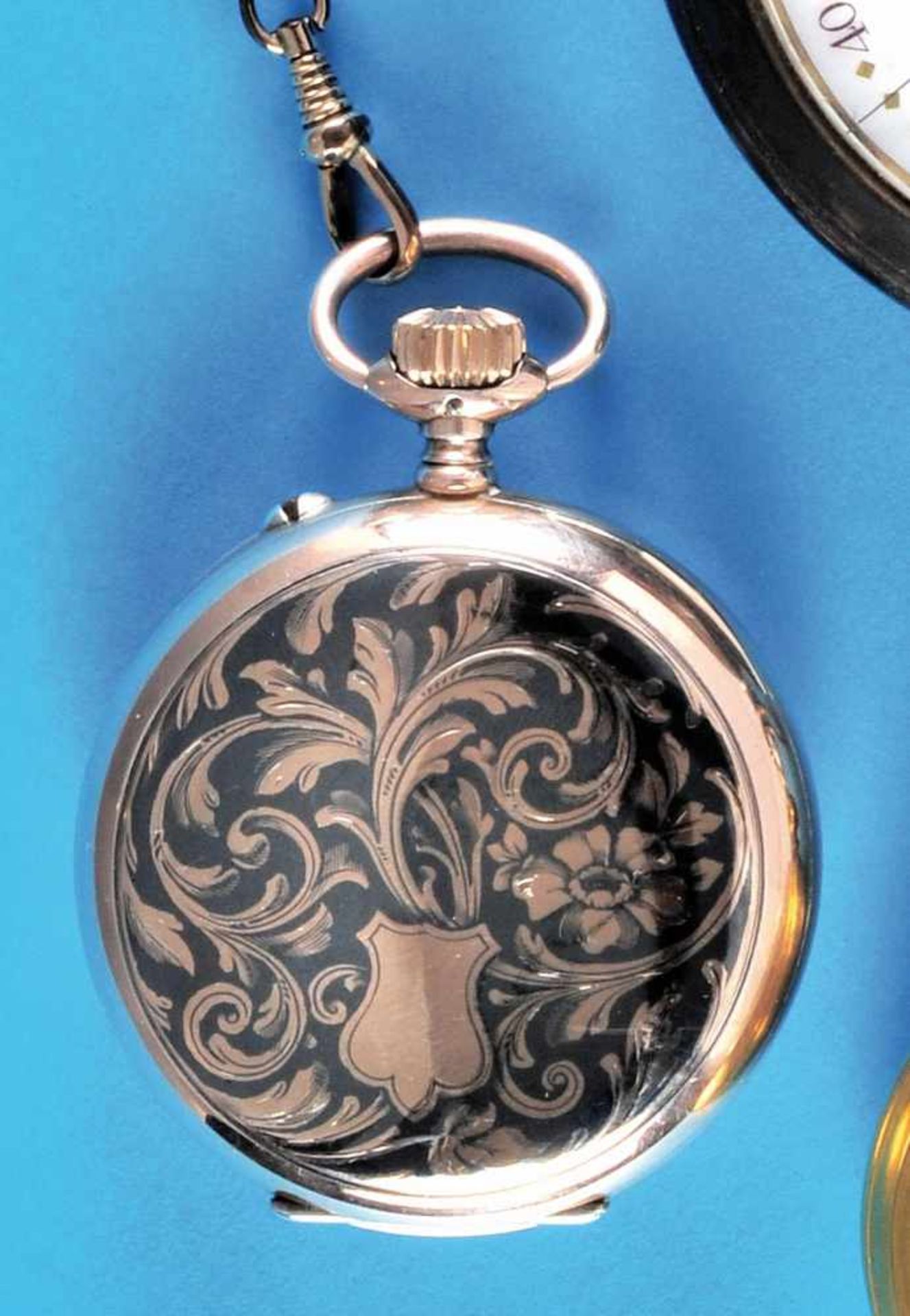 Silver gold-plated Niello pocket watch, Longines with gold plated pocket watch chainSilber/ - Bild 2 aus 2