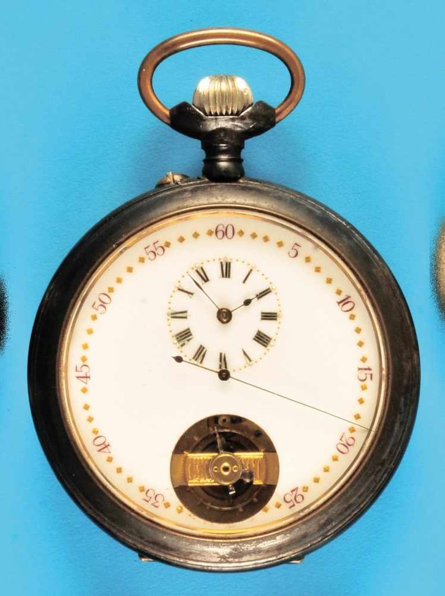 Exceptional big metal pocket watch with 15-days movement and visible balanceAußergewöhnlich große