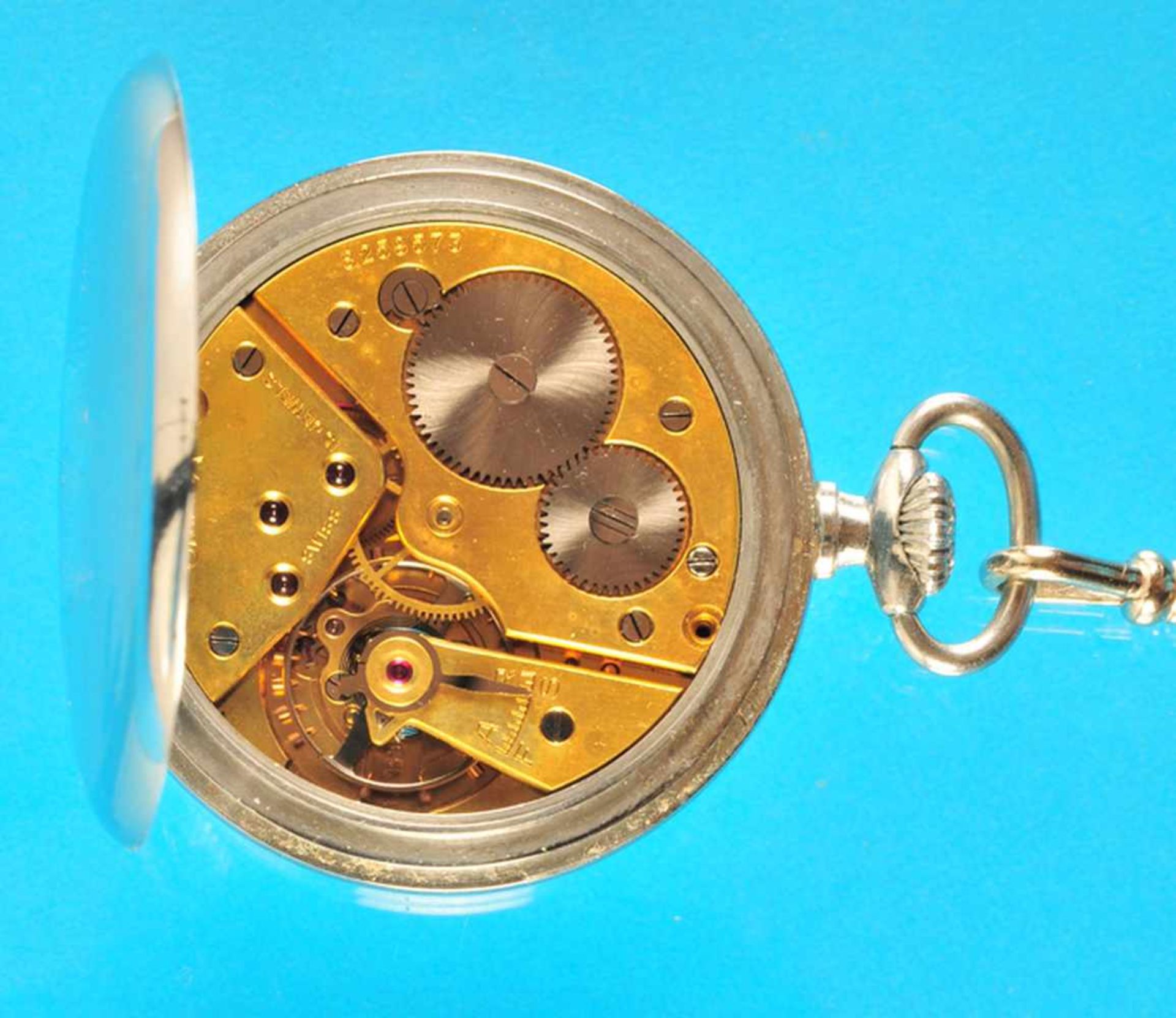 Metal pocket watch with pocket watch chain, OmegaMetalltaschenuhr mit Taschenuhrkette, Omega, - Bild 2 aus 2