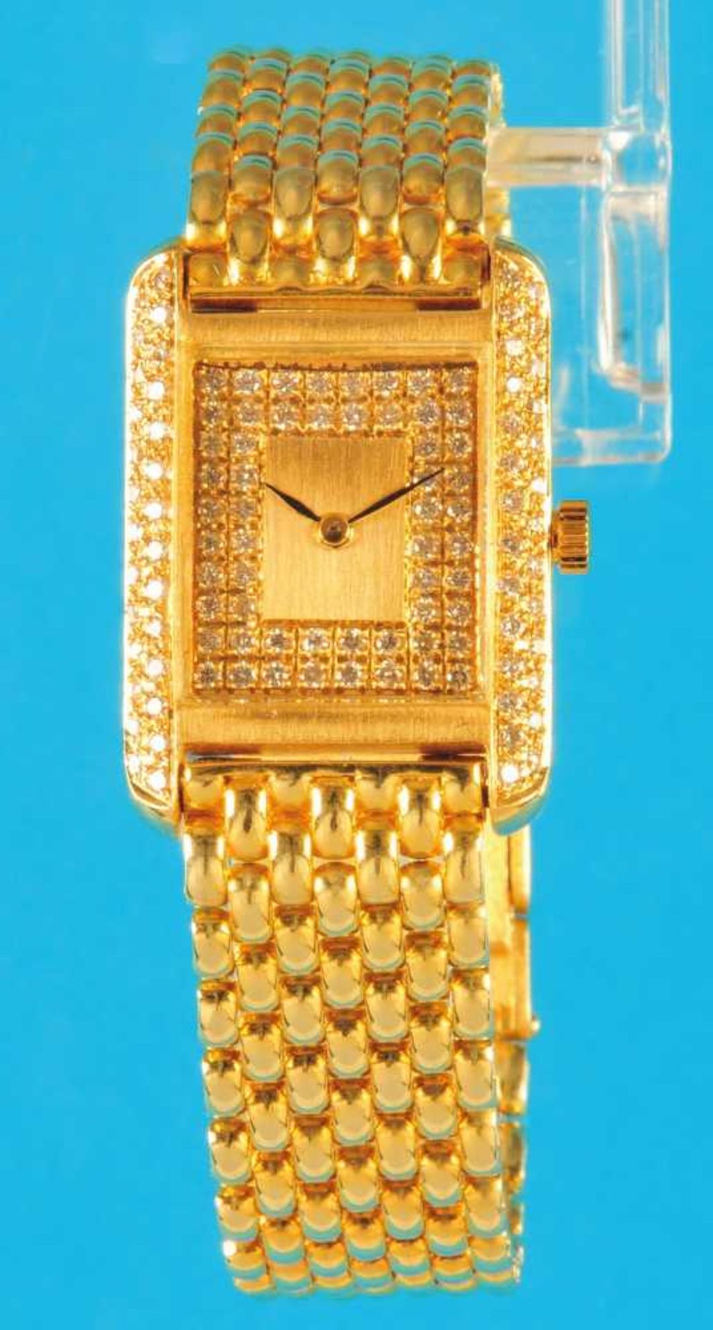Ladies golden wristwatch with brillants and golden wristband, Jean Ploch Genève Damen Goldarmbanduhr