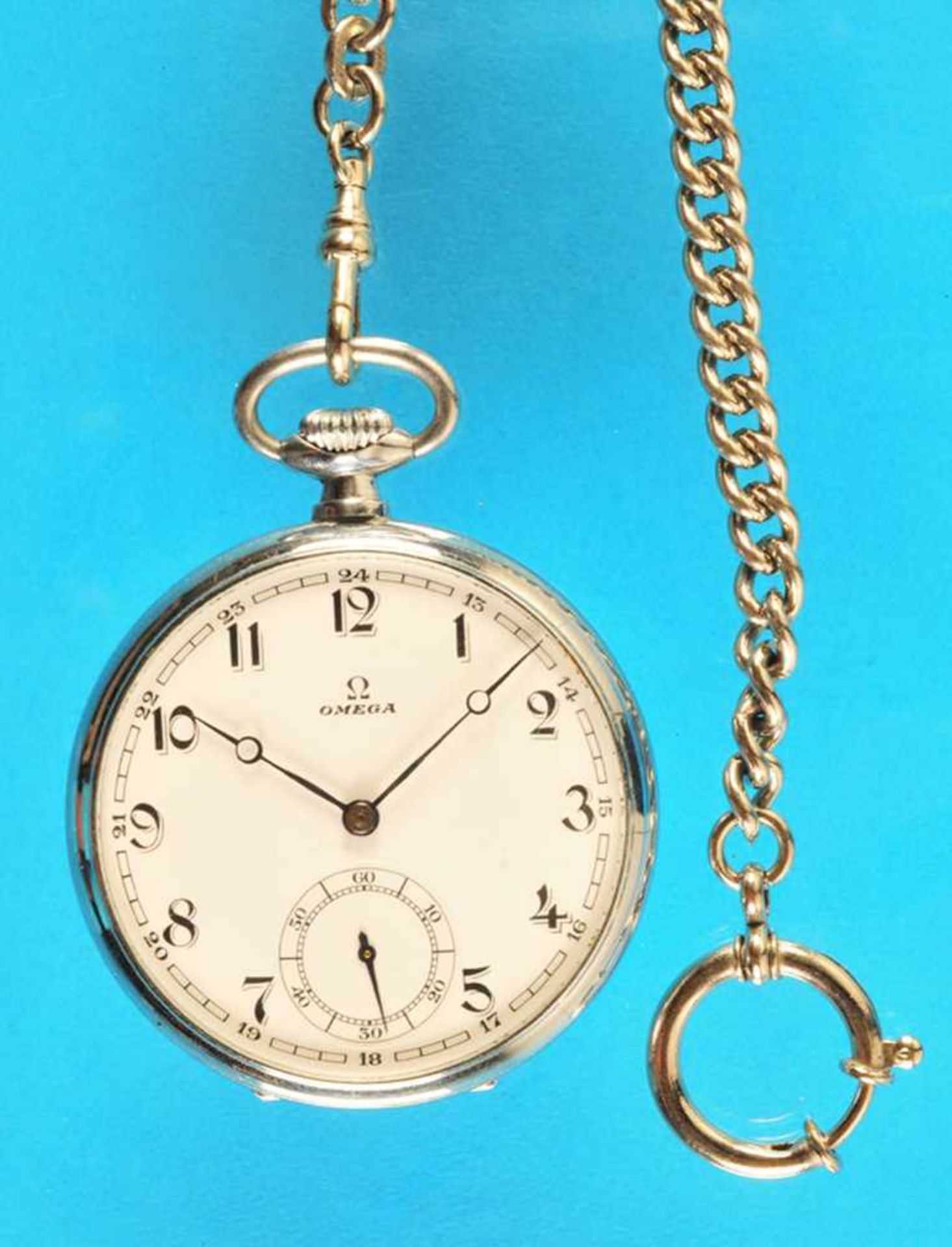 Metal pocket watch with pocket watch chain, OmegaMetalltaschenuhr mit Taschenuhrkette, Omega,