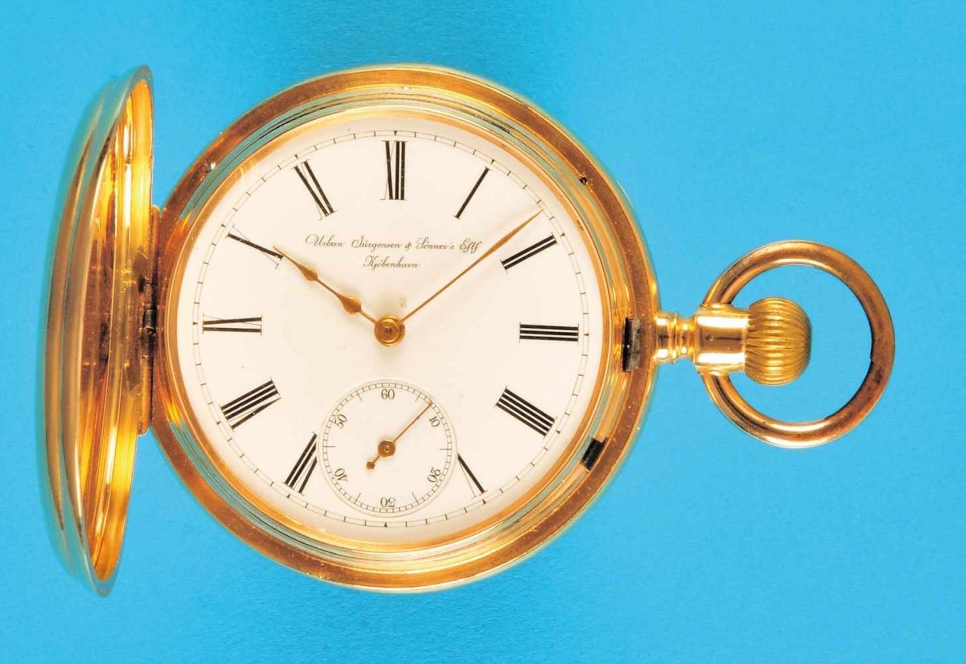 Golden pocket watch with spring cover, half-savonette bez. Urban Jürgensen & Sönner's,