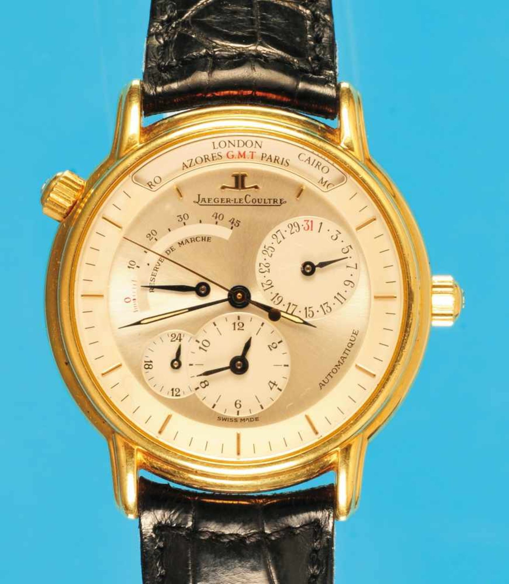 Golden wristwatch, Jaeger LeCoultre, "Geographique"Goldarmbanduhr, Jaeger LeCoultre „Geographique“