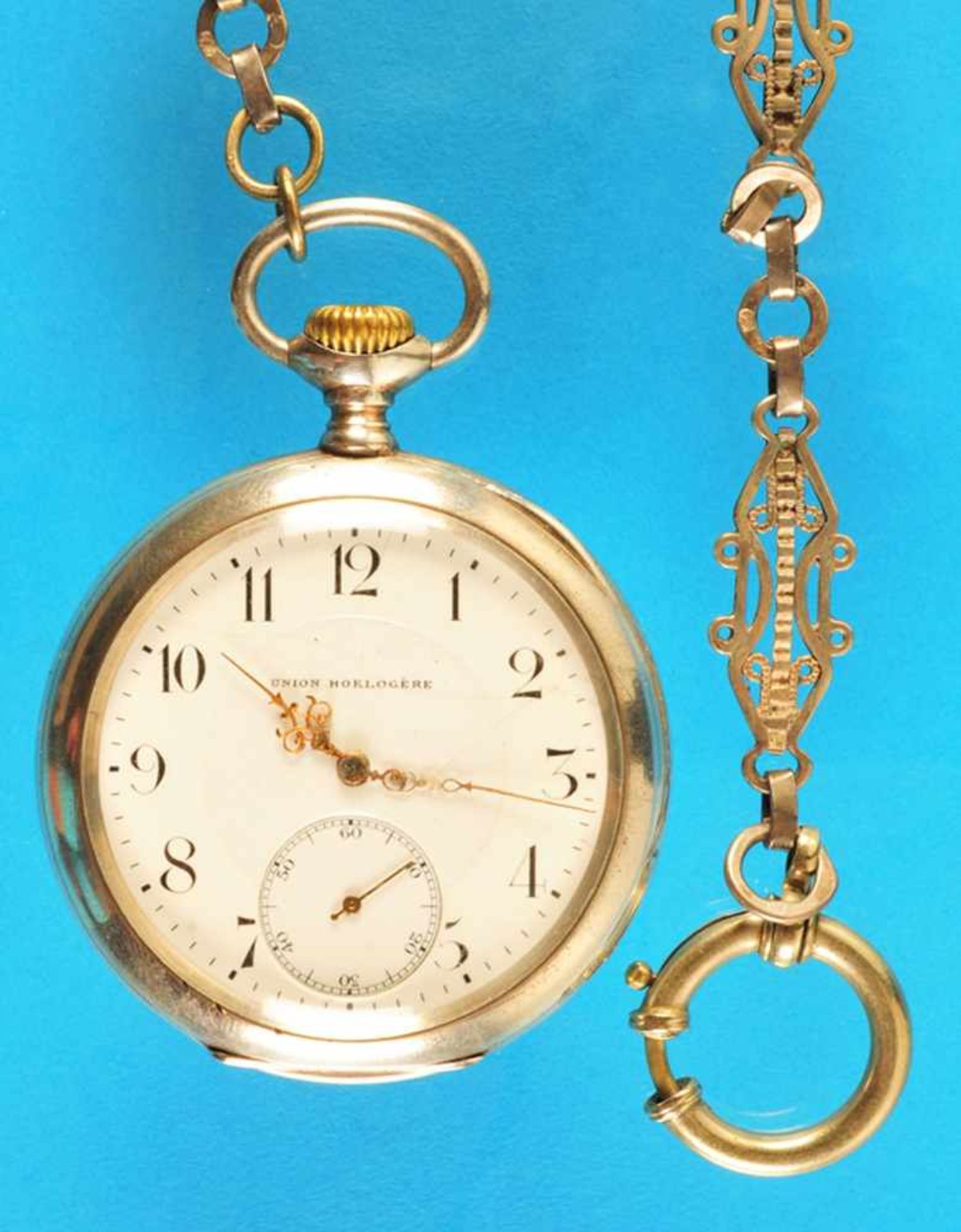 Silver pocket watch with gold-plated pocket watch chain, "Union Horlogere"Silbertaschenuhr mit