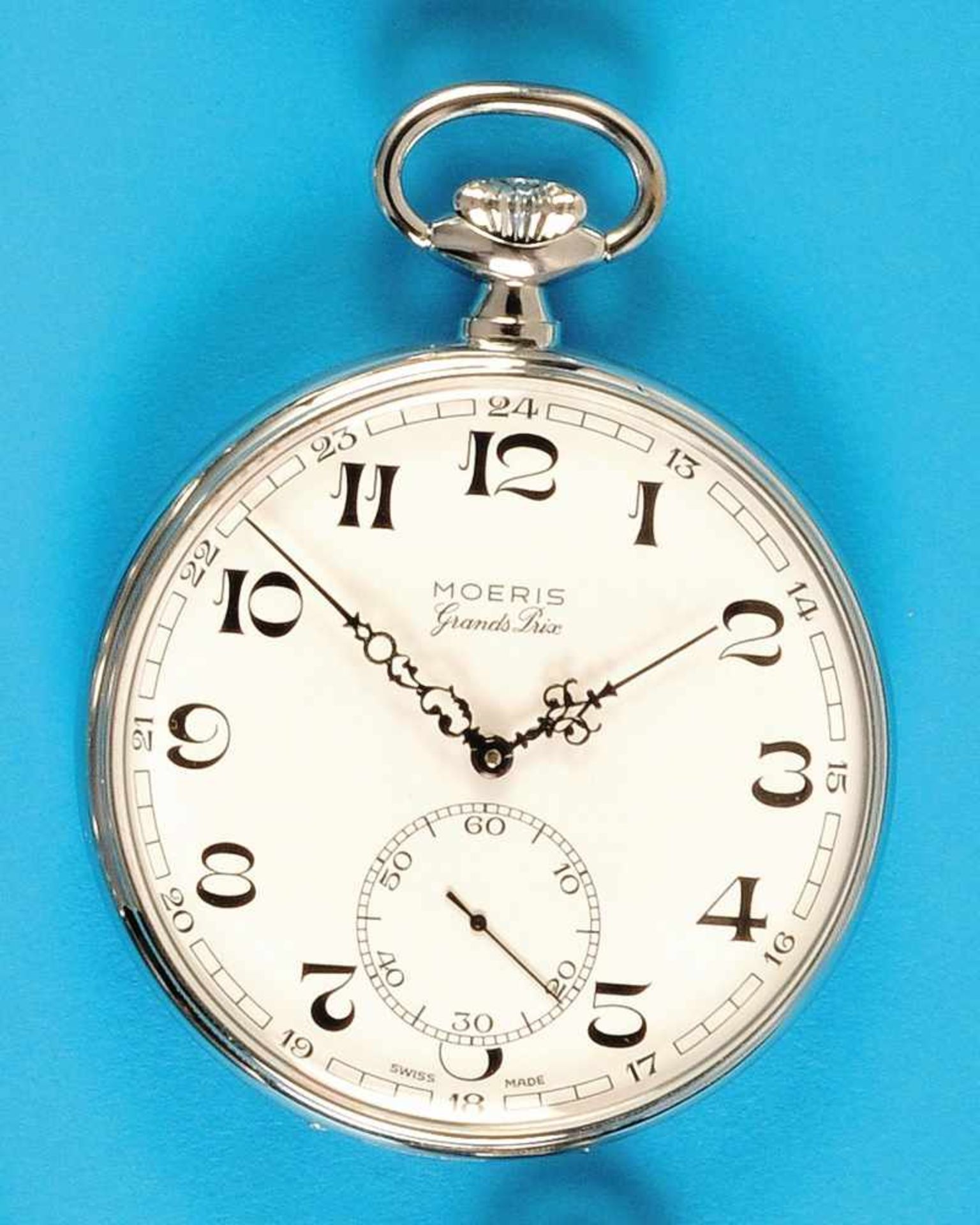 Metal pocket watch, MoerisMetall-Taschenuhr, Moeris, mit Verkaufs-Etui, glattes Gehäuse,