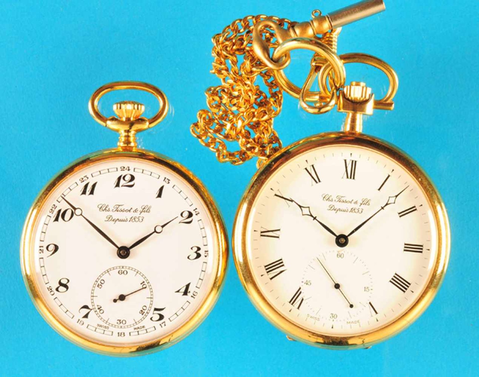 Bundle with 2 pocket watches: gold-plated Omega pocket watch, gold-plated Tissot pocket