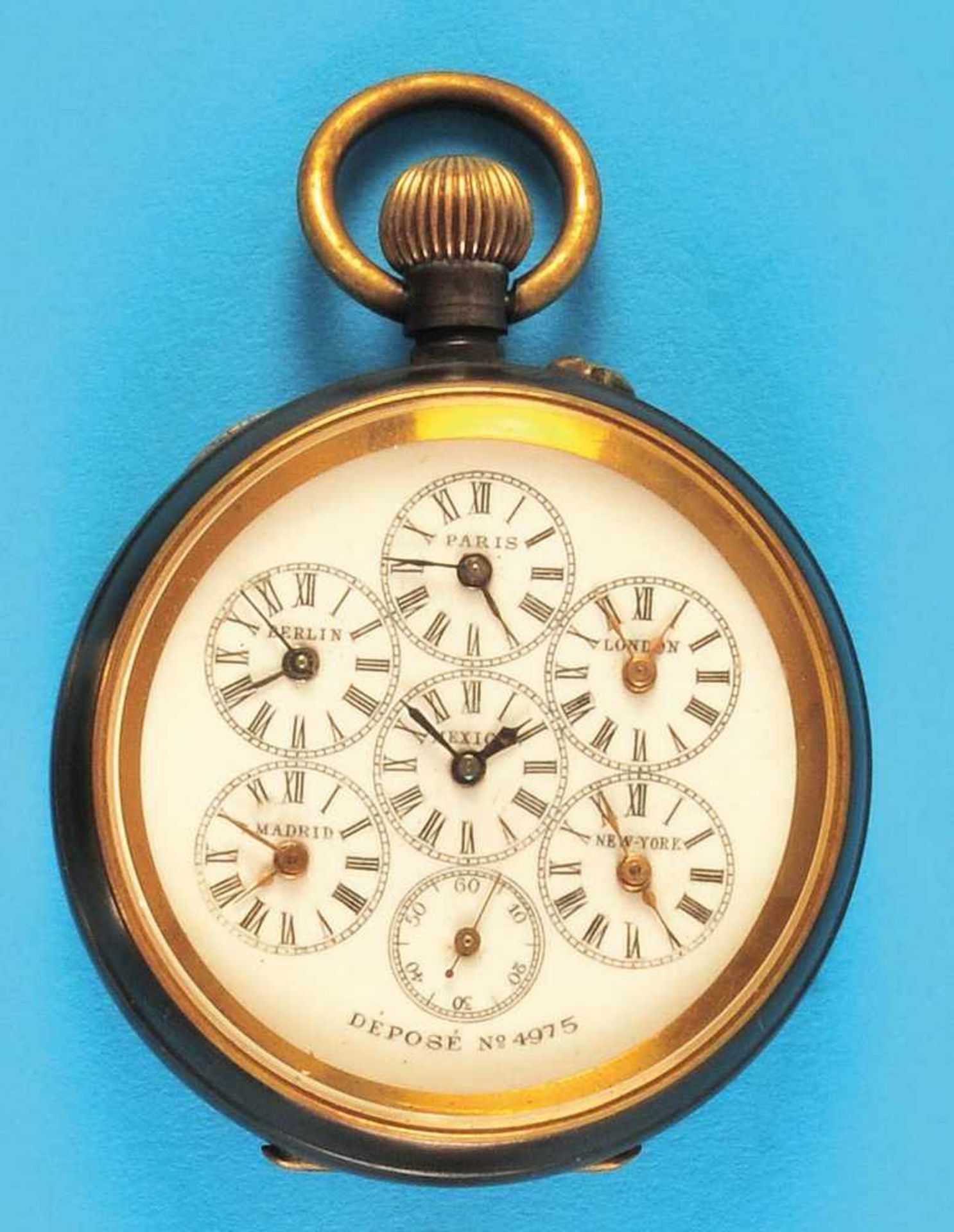 World time pocket watchWeltzeit-Taschenuhr im brunierten Gehäuse, Emailzifferblatt mit 6 kleinen