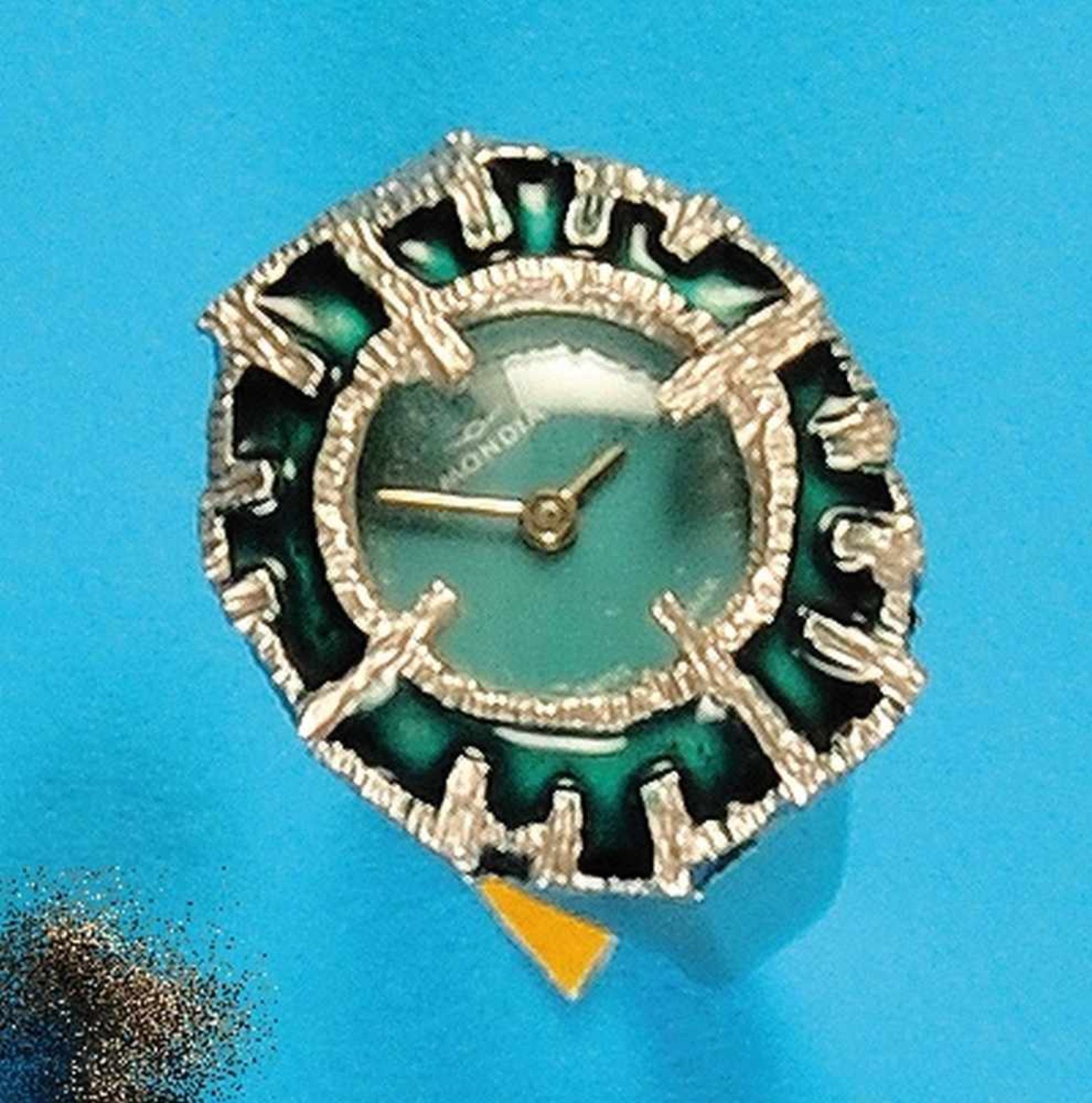 Ring watch, steelring MondiaRinguhr, Stahlring Mondia, mit grüner Emailverzierung, 27 mm, mit grünem