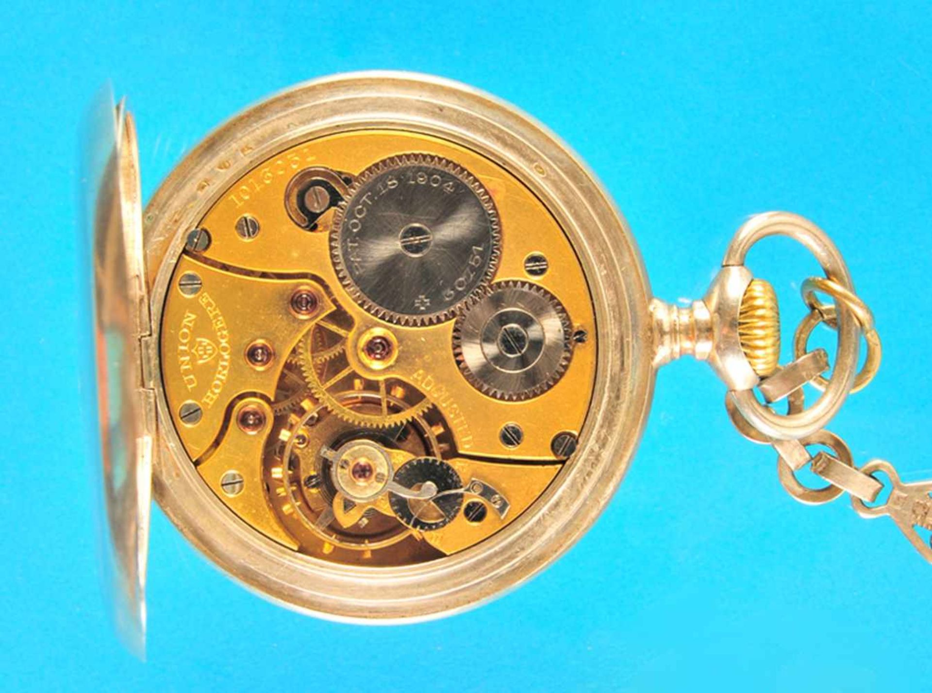 Silver pocket watch with gold-plated pocket watch chain, "Union Horlogere"Silbertaschenuhr mit - Bild 2 aus 2