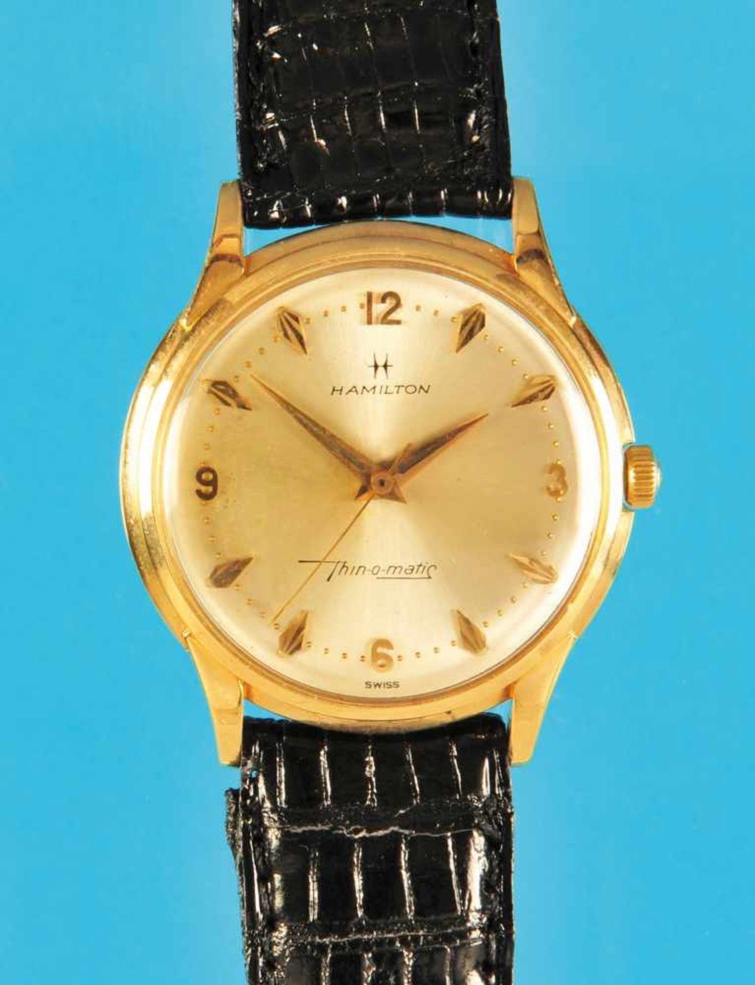 Hamilton Thin-o-matic golden wristwatchHamilton Thin-o-matic, 14-carat-Goldarmbanduhr, verschraubtes