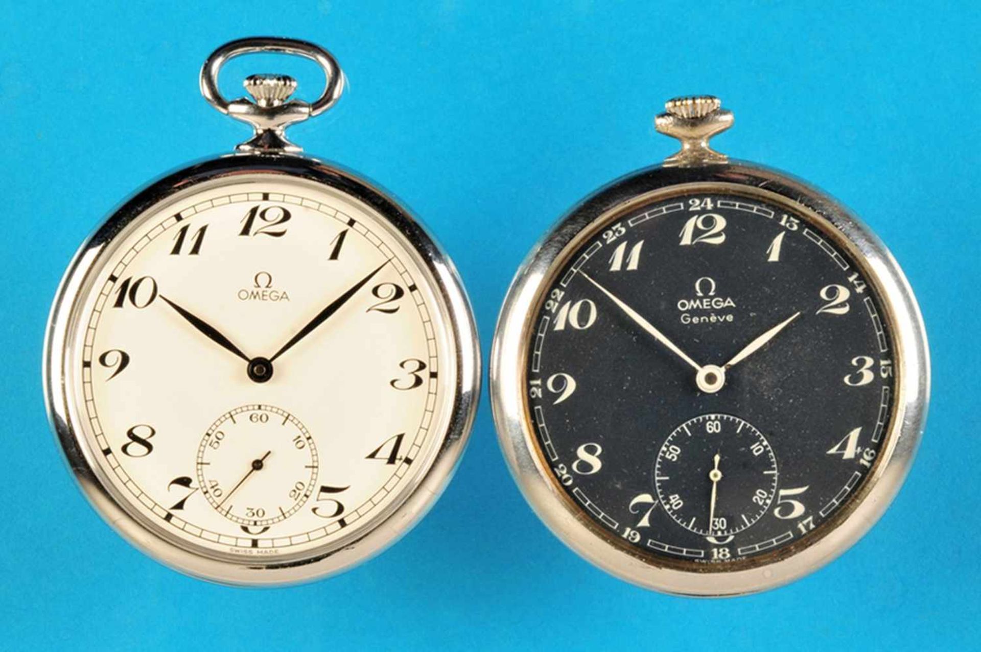 Bundle with 2 metal pocket watches, OmegaKonvolut mit 2 Metalltaschenuhren, Omega, 1 mit schwarzem