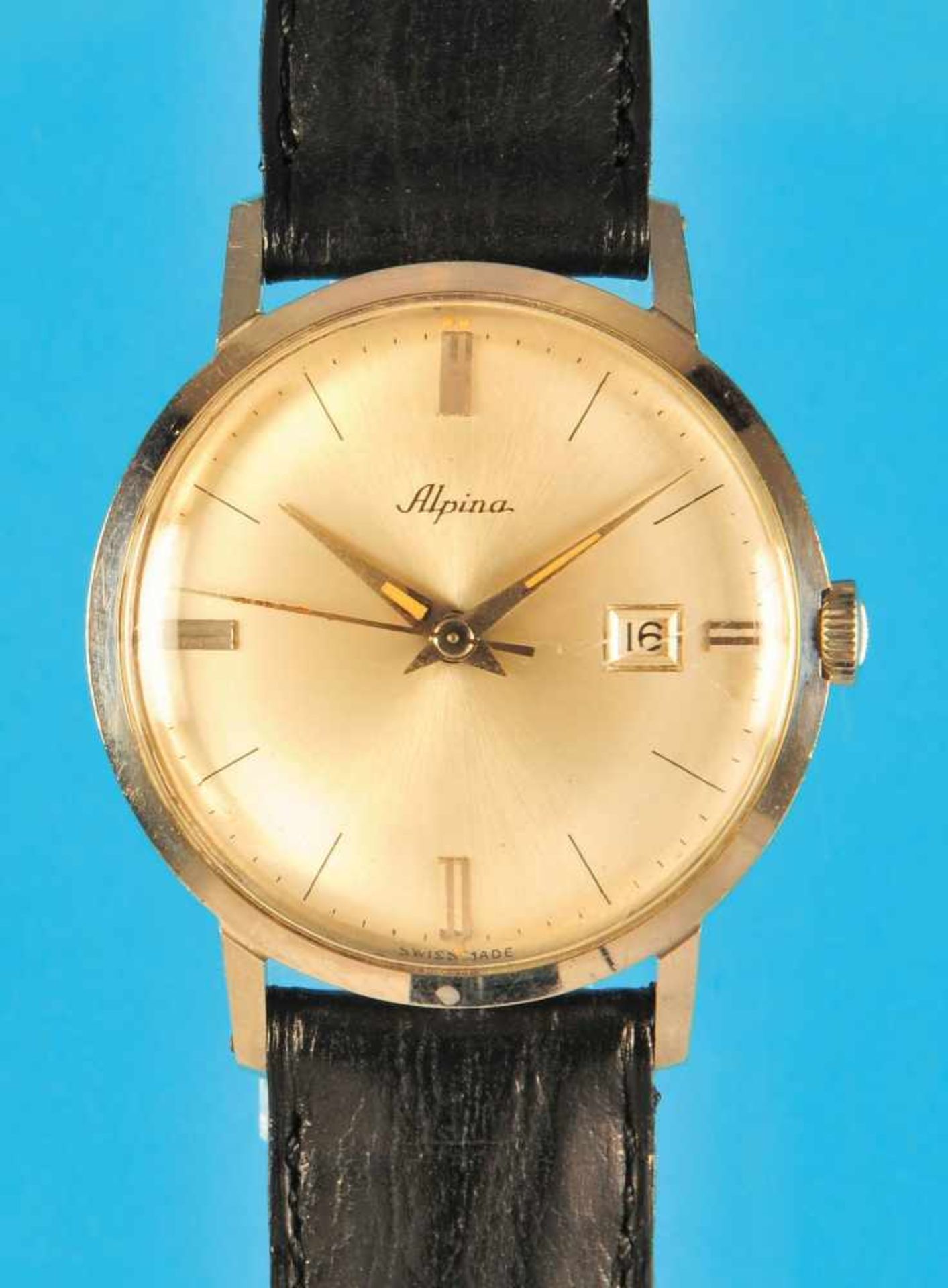 Steel wristwatch, AlpinaStahlarmbanduhr, Alpina, verschraubtes Gehäuse, versilbertes Zifferblatt mit