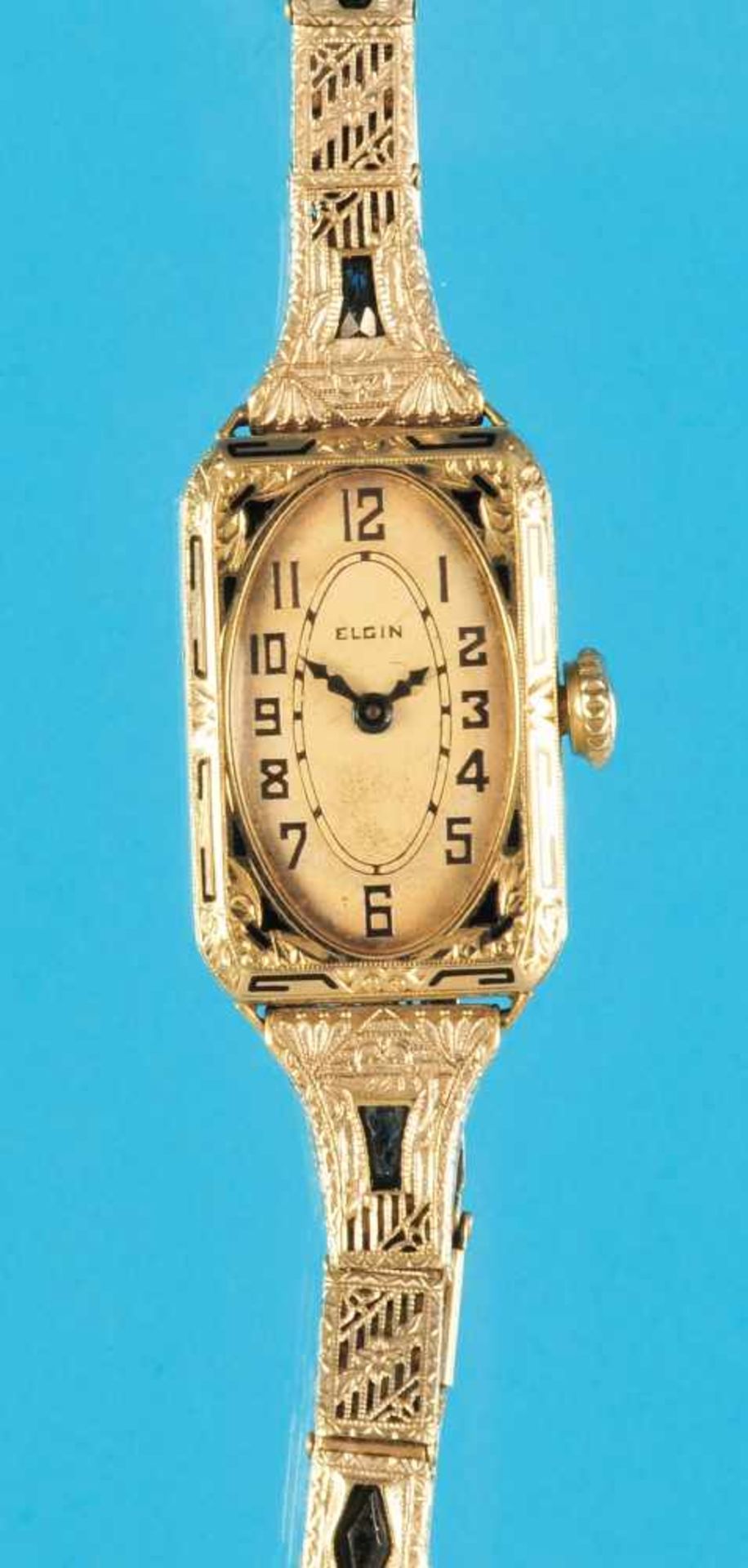 Golden ladies wristwatch with golden band, Elgin Natl. Watch Co. Goldene Damen Armbanduhr mit