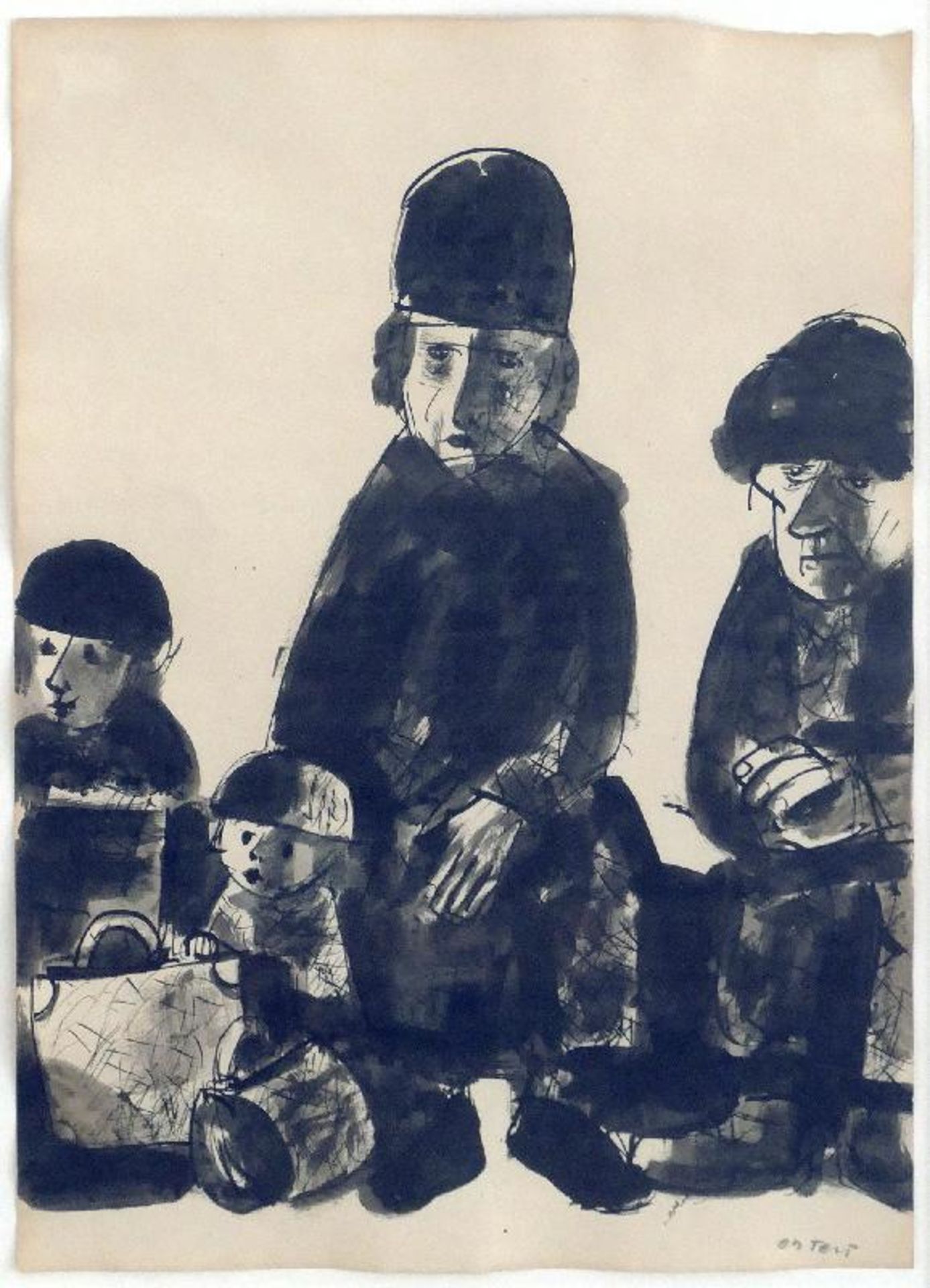 Ortelt, Karl (Mühlhausen 1907 - 1972 Weimar)(Wartende Familie)Zeichnung, Feder, Pinsel/Tusche, um - Bild 2 aus 2