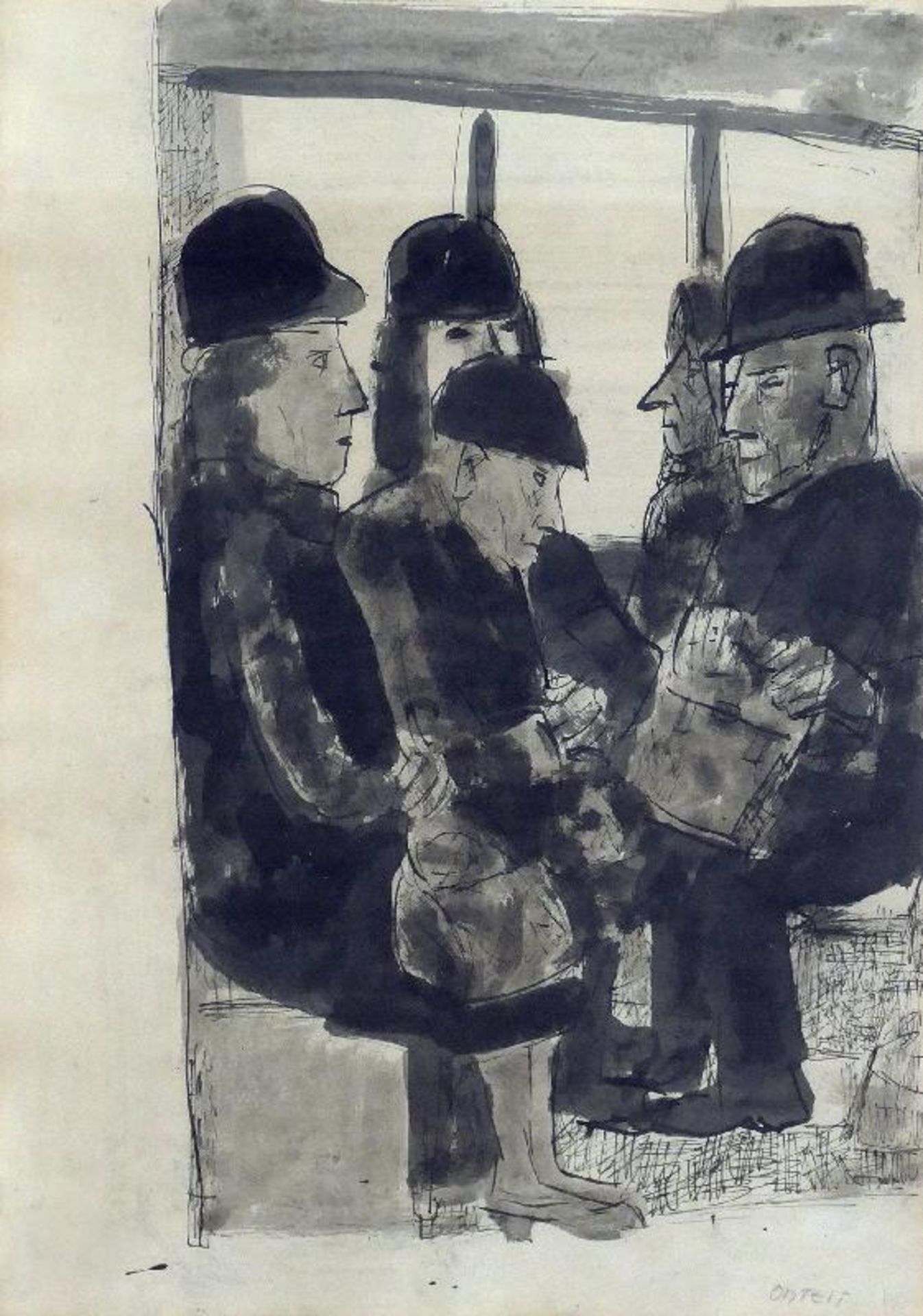 Ortelt, Karl (Mühlhausen 1907 - 1972 Weimar)(Reisende im Zug)Zeichnung, Feder, Pinsel/Tusche, um