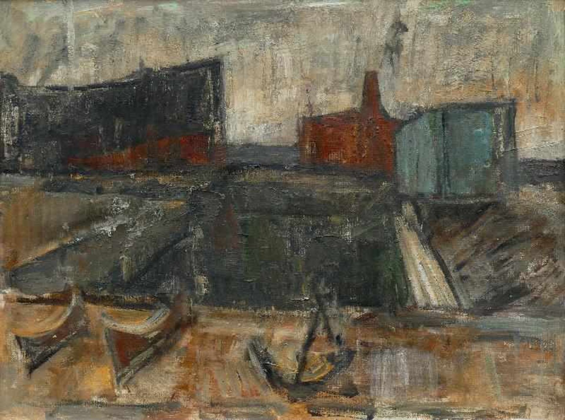 Böttcher, Manfred (Oberdorla/Thüringen 1933 - 2001 Berlin)(Im Hafen)Ölfarben auf Hartfaserplatte,