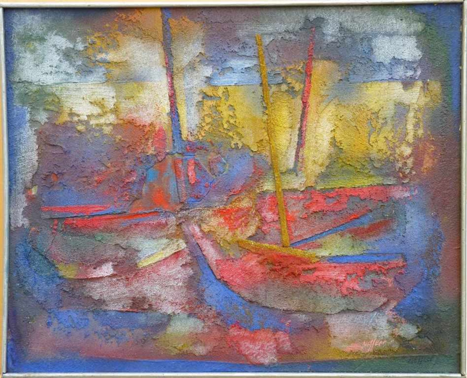 NESSLER, WALTER: "Boats", 1961Öl und Sand auf Hartfaser39,5 x 49,0 cmverso signiert, datiert,