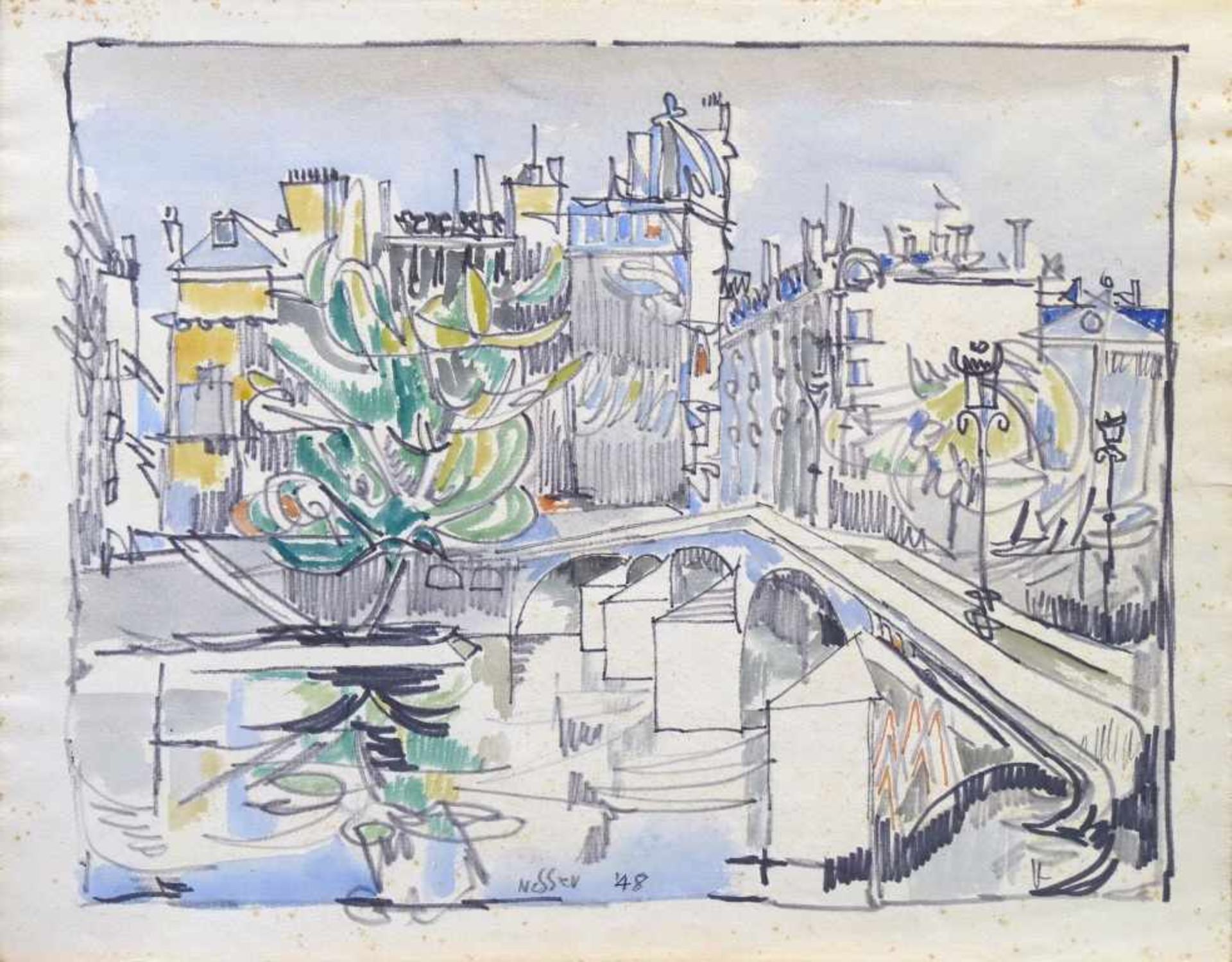 NESSLER, WALTER: "Paris, Pont Neuf", 1948Graphit, Tusche und Aquarell auf Bütten27,5 x 34,8