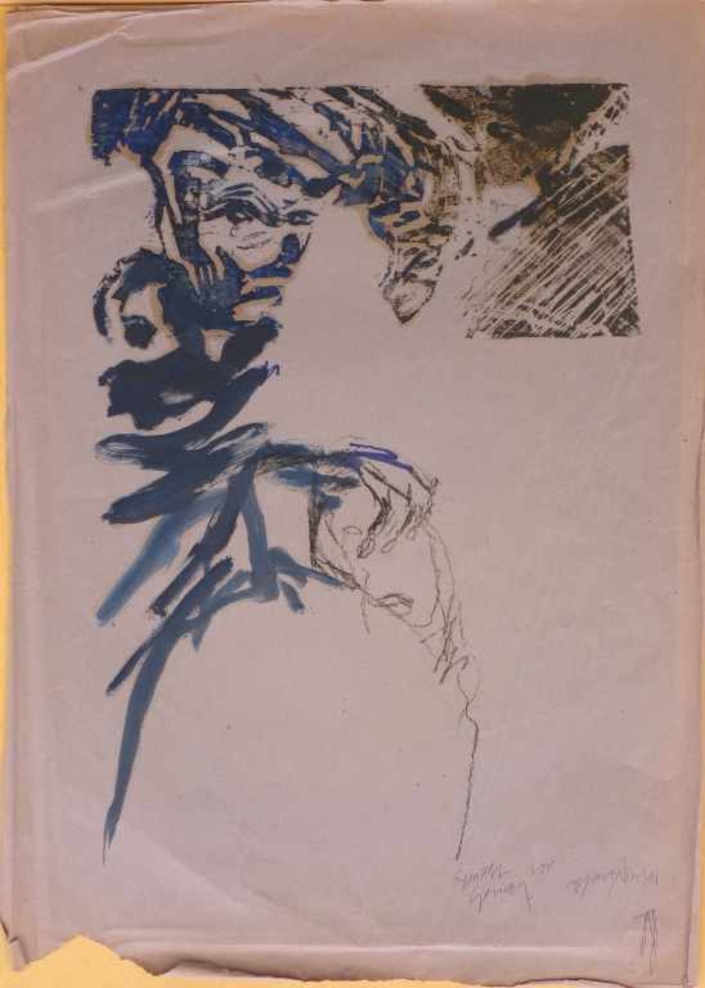 NICOLAI, CARSTEN: "Gesicht vor Gesicht", 1988blaue Druckfarbe, Kohle und Holzschnitt auf