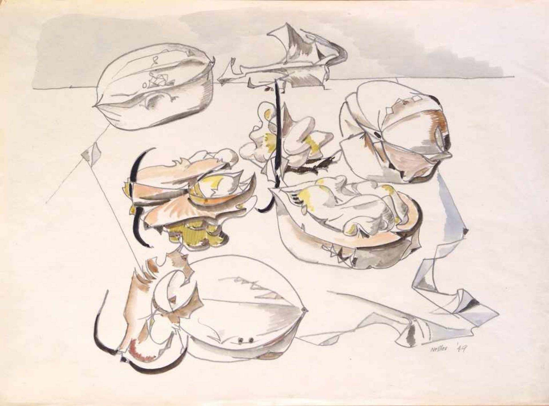 NESSLER, WALTER: "Stilleben mit Nüssen", 1949Graphit und Aquarell auf Velin27,2 x 37,1 cmsigniert un