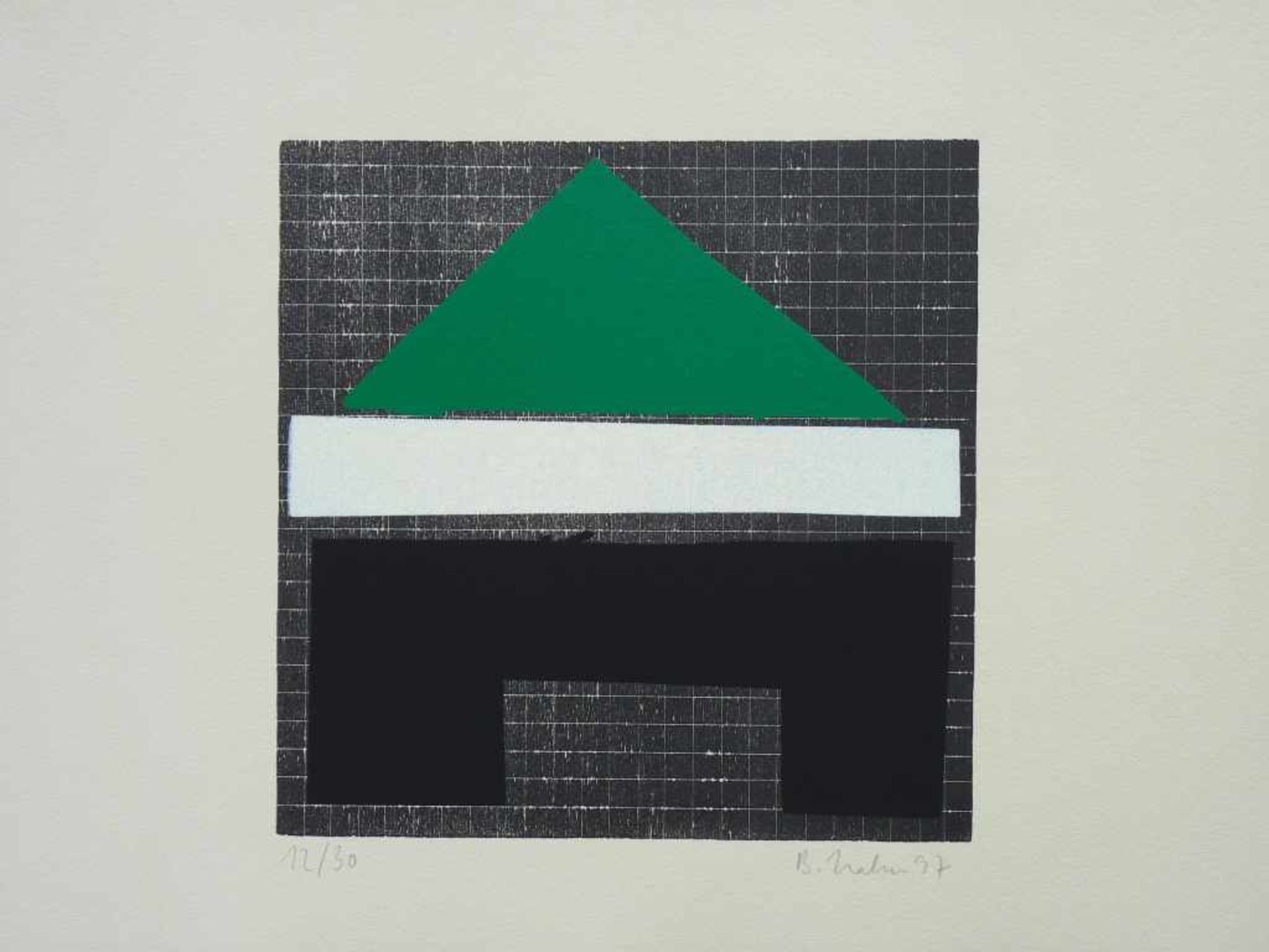 HAHN, BERND: "Komposition (Grün-Weiß-Schwarz), 1997Farbserigrafie über Holzschnitt auf Bütten24,8