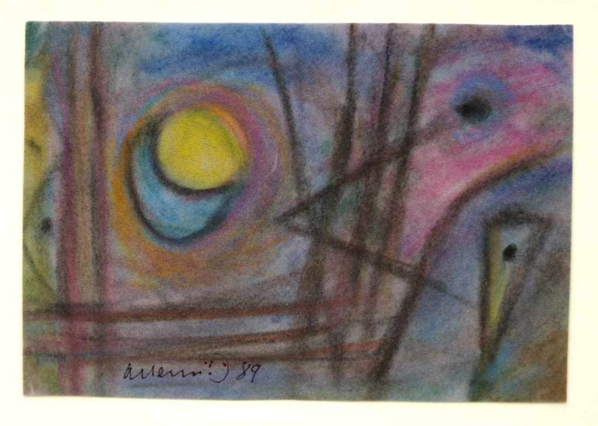 HENNIG, ALBERT: "Komposition", 1989Pastell und Kohle auf Velour11,3 x 16,6 cmrsigniert und