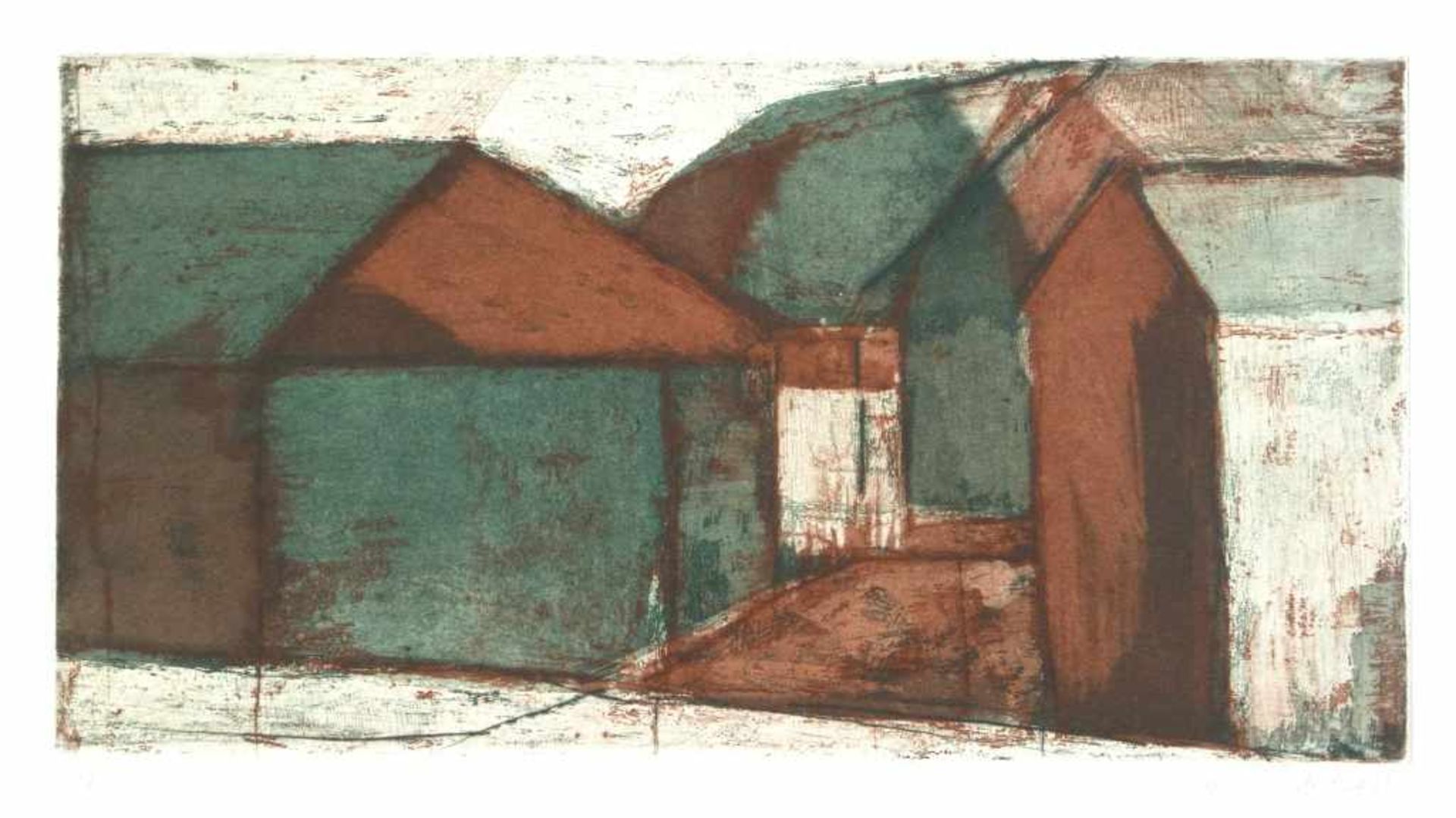BÖTTCHER, JOACHIM: "Häuser", 1981Farbradierung auf Bütten16,6 x 31,6 26,5 x 39,2 cmsigniert, datiert