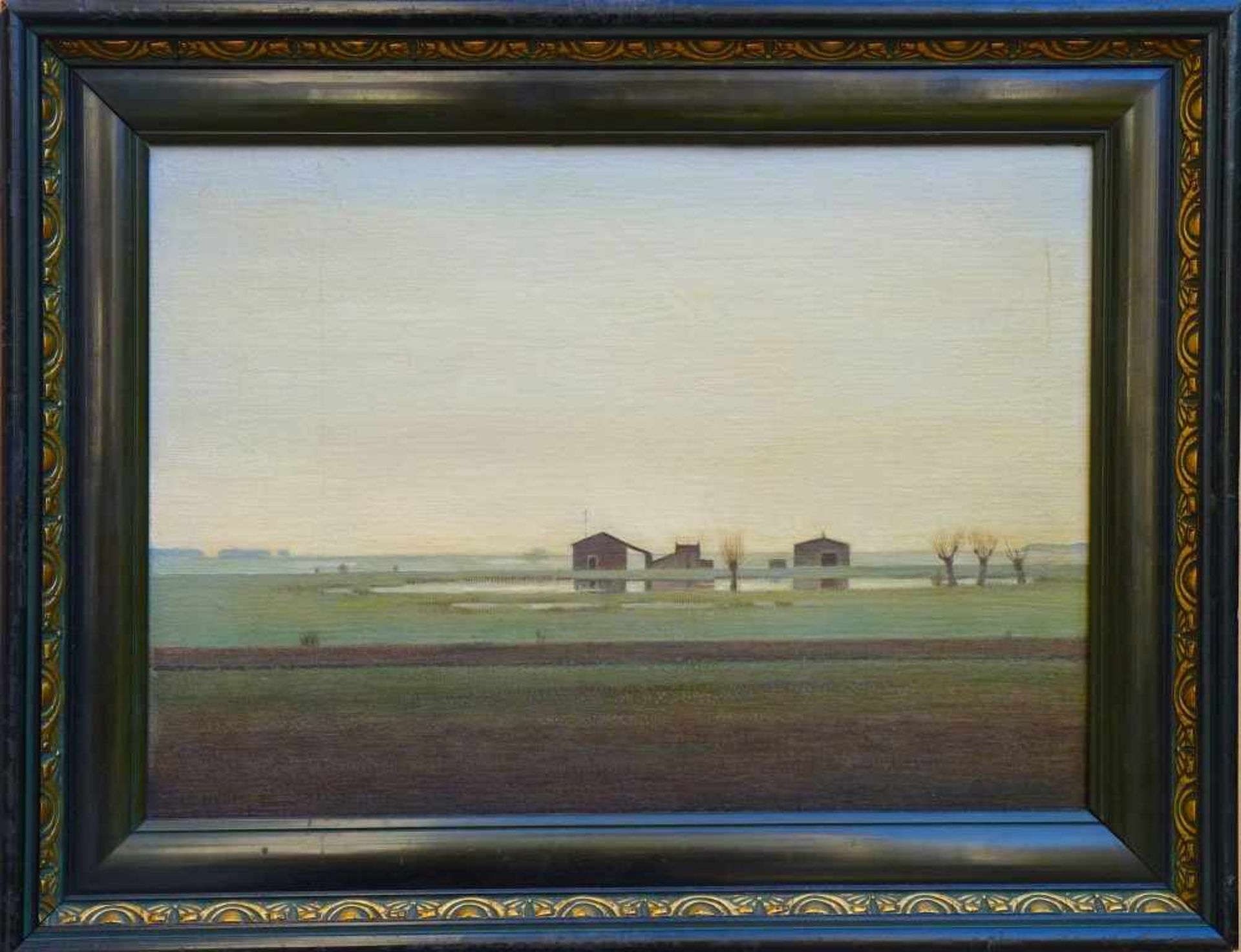 BLAU, GÜNTHER: "Ebene mit Weiden", 1985Öl auf Holz26,0 x 35,0 cmnicht signiertverso Klebezettel