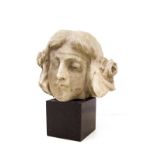 Marble Sculpture. Woman' face, Liberty period. H cm 18, cm 29 with base.