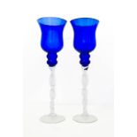 Pairs of Murano glasses. XX Century. Blue with stem base.