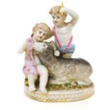Porcelain statuette, begin of XX Century, Germany. Two children with goat. H cm 16x13x9