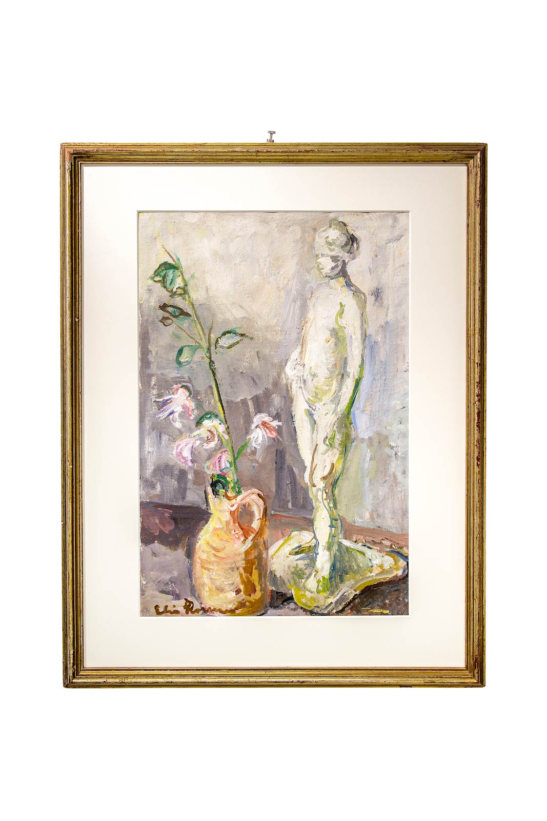 Elio Romano (Trapani, 1909 – Catania, 1996). Still life with a Statua. 56x40, Oil painting on