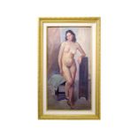 Italian painter of the XX Century. Nude of a woman. 70x40, Oil on pressed cardboard. Dated and