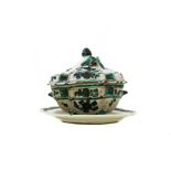 Polychroma majolica soup tureen, Cerreto, XVIII Century, lid with fruit and floreal decoration. H cm