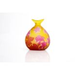 Gallè glass vase, Early of XX Century, France. A cameo yellow and white glass with orange leaves.