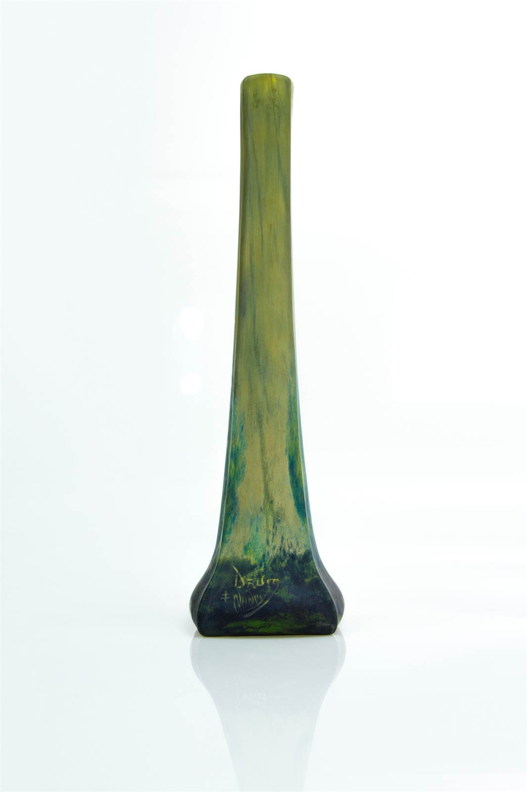 Daum glass vase, Early of XX Century, France, Nancy. Green and blue vase. H Cm 39