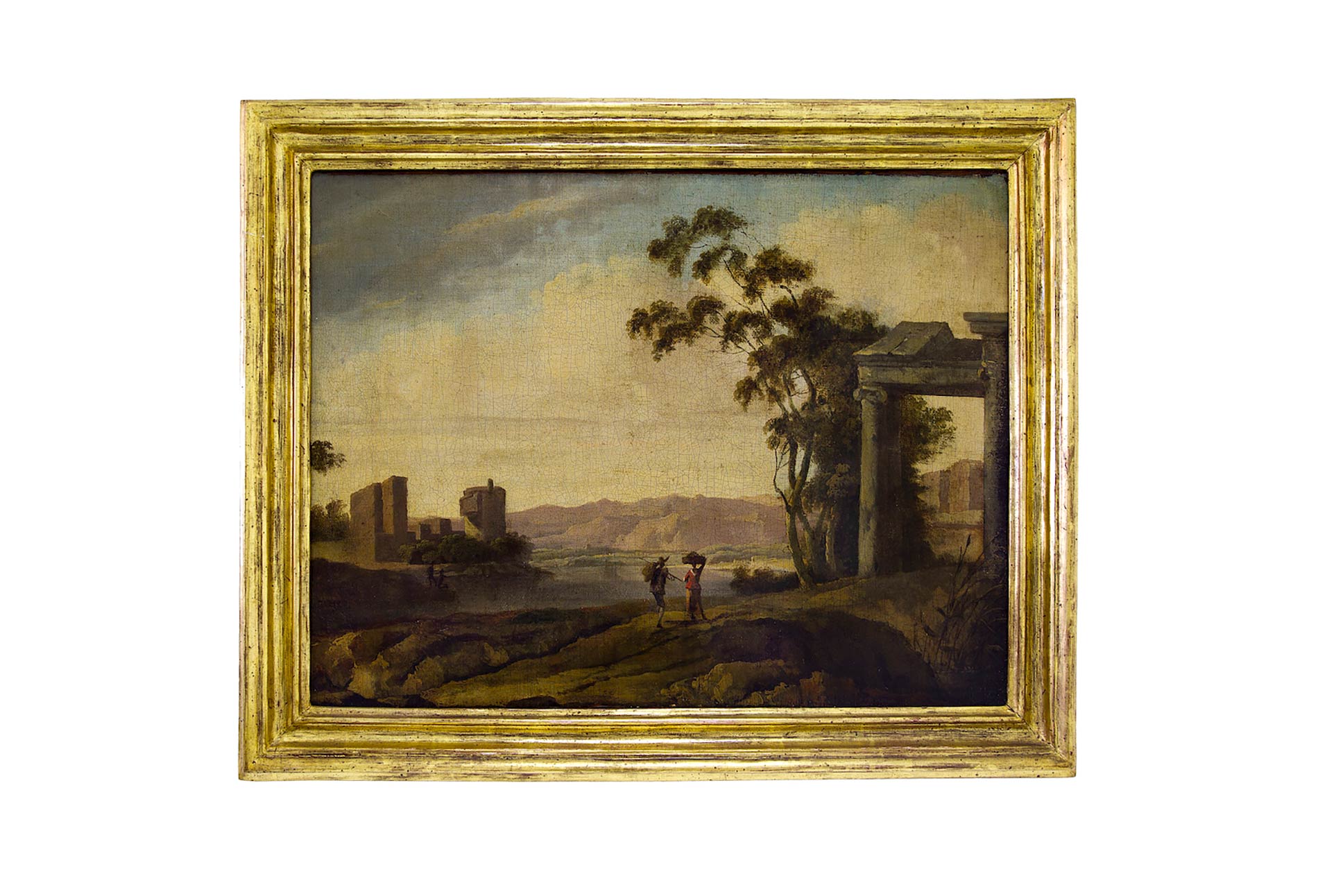 Italian painter of the XVIII Century. River landscape with characters and architectural ruins. 45x59