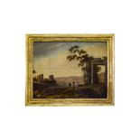 Italian painter of the XVIII Century. River landscape with characters and architectural ruins. 45x59