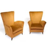 Two upholstered armchairs from the 50s, with wooden structure. Entirely refurbished. H cm 118x77x70