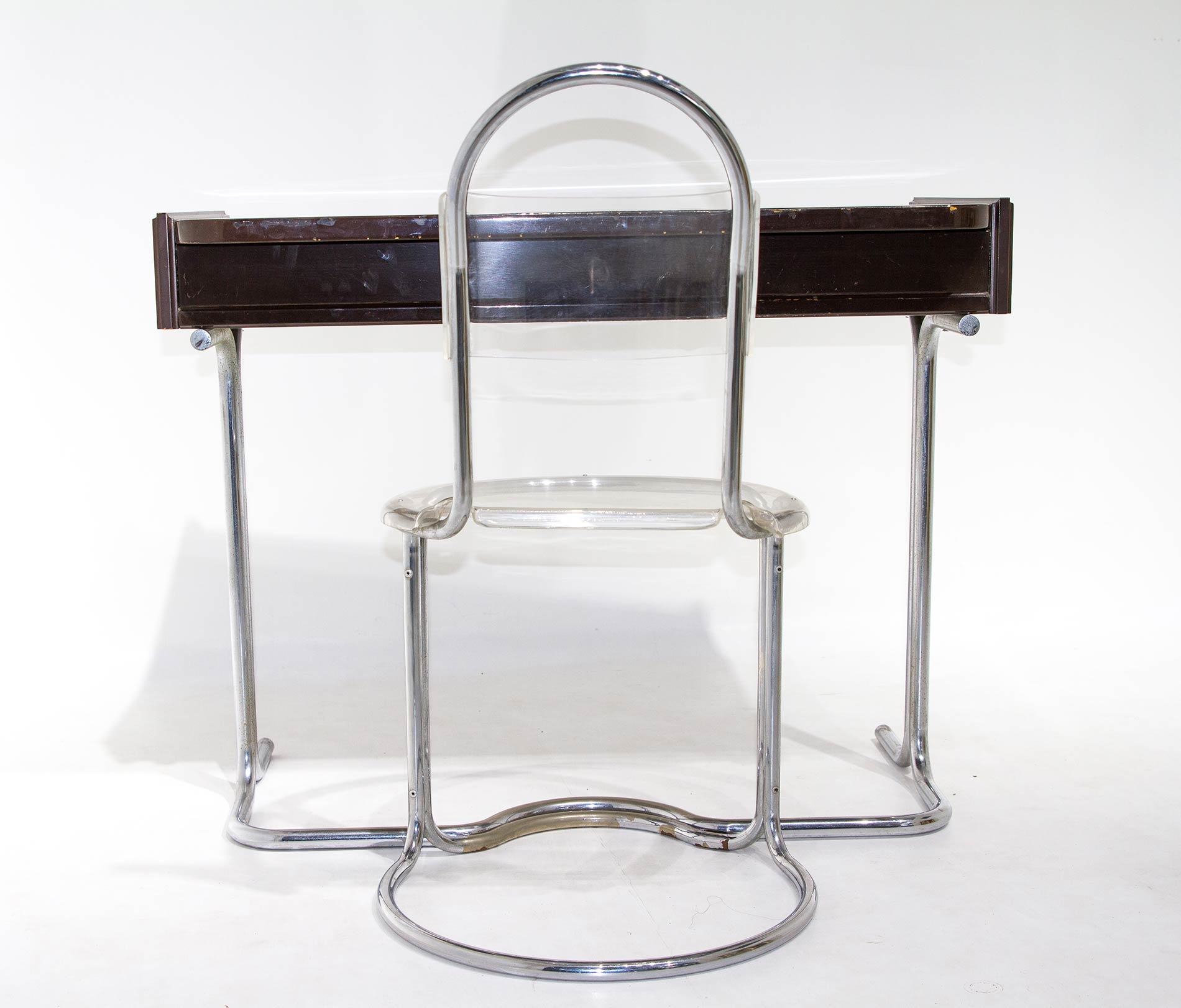 Writing-desk and chair from the 60s. Wood and lacquered tubolar chrome with plexi. Cm 75x100x50, - Image 5 of 5