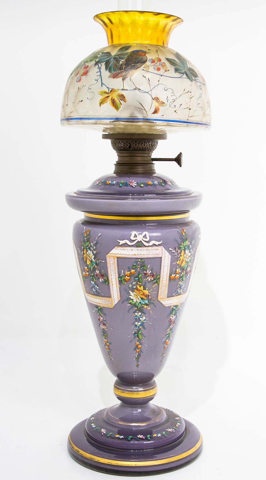 Petrol lamp in opaline, with varnished decorations and painted glass goblet. 19th century. H 75cm