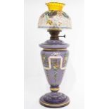 Petrol lamp in opaline, with varnished decorations and painted glass goblet. 19th century. H 75cm