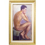 Italian painter of the XX Century. Nude of a man. 70X40, Oil on cardboard. Dated and signed on the