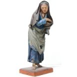 Papier-mâché statuette from Naples. Woman warming by a fire. H Cm 15