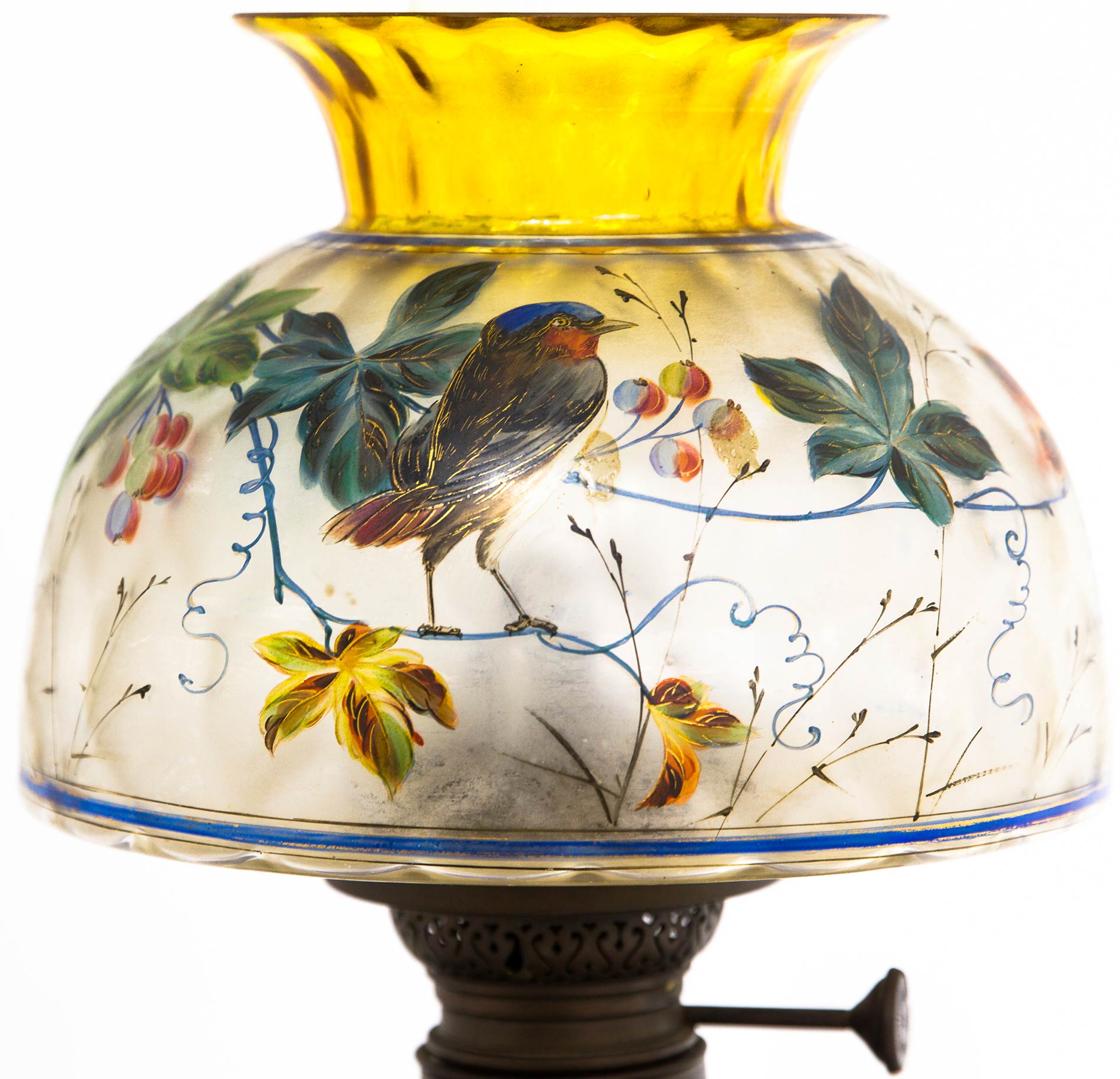 Petrol lamp in opaline, with varnished decorations and painted glass goblet. 19th century. H 75cm - Image 2 of 6