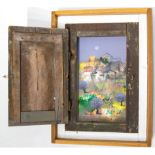 Manlio Bacosi (Perugia 1921-1998). Landscape. 34x19, oil paint on wood. On an old window frame.