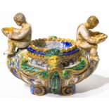 Majolica salt cellar, decorated with “Gran fuoco” technique, Urbino, Antonio Patanazzi’s workshop,