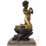 Painted golden bronze statuette. Neapolitan kid with fish. Marble base . H cm 48. Signed V.5